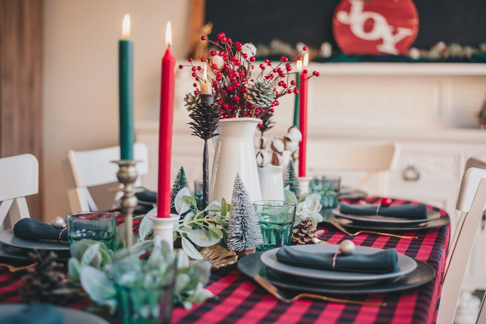 Festive holiday table with lights and decorations